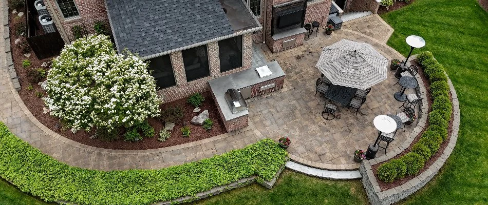 Patio area with outdoor kitchen in North Shore, WI.