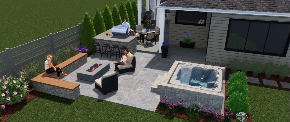 A modern outdoor living space featuring a hot tub, fire pit, and comfortable seating, designed for relaxation and entertainment in Milwaukee, WI.