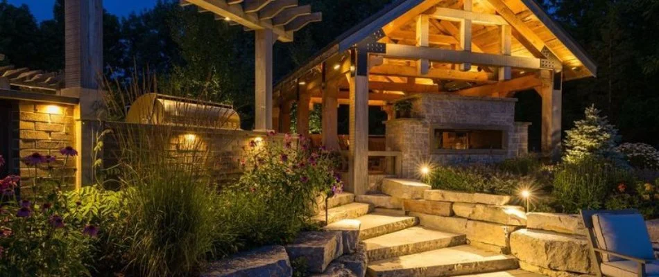 Outdoor lighting with steps and pavilion in Milwaukee, WI.