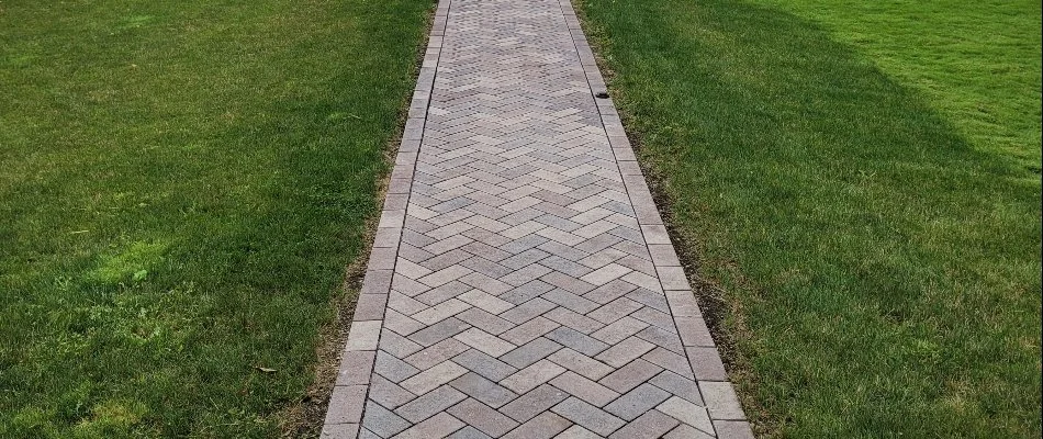 Paver walkway in Milwaukee, WI, cutting through a lawn.