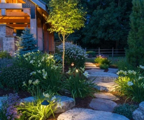 Walkway with plants and outdoor lighting in Milwaukee, WI.