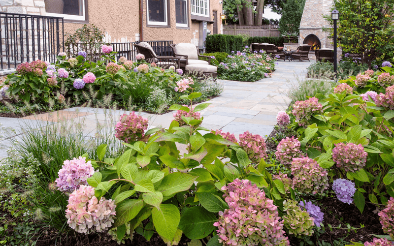 Outdoor fireplace with garden